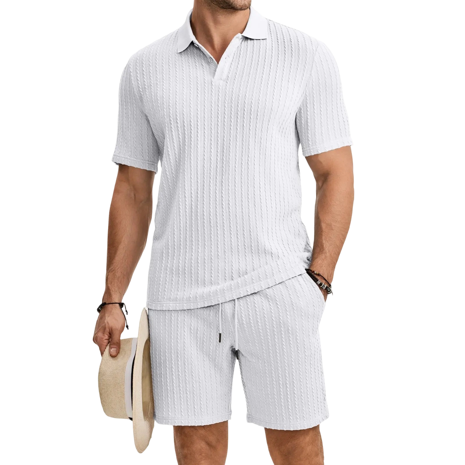 Men 2 Piece Jacquard Knit Lounge Sets Short Sleeve Polo Shirt and Shorts Sets Summer Outfits with Pockets