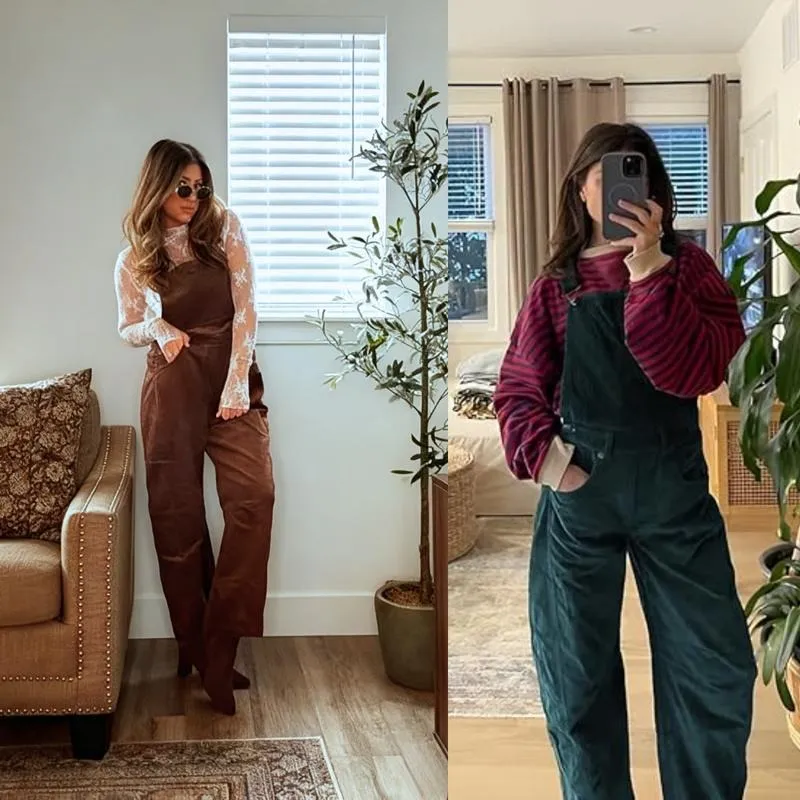 Women Barrel Wide Leg Bib Corduroy Pants