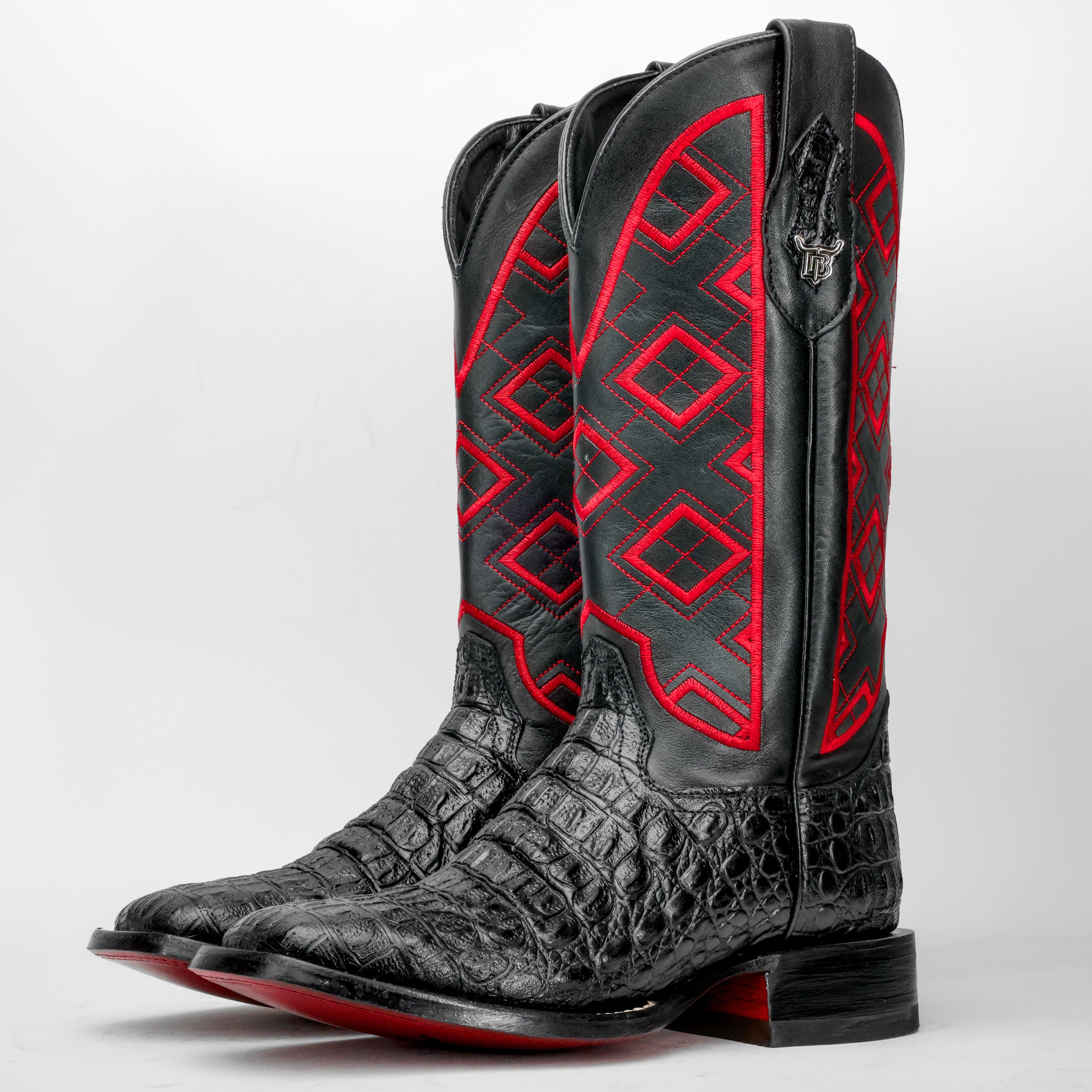 Black Caiman Hornback Leather Boots - Square Toe