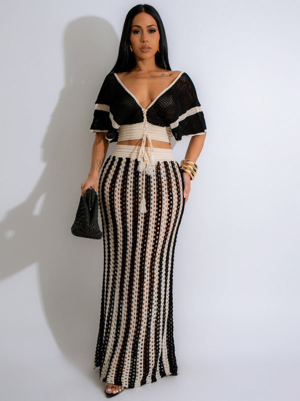 Deep V-Neck Hollow Knit Striped Floor Length Dress