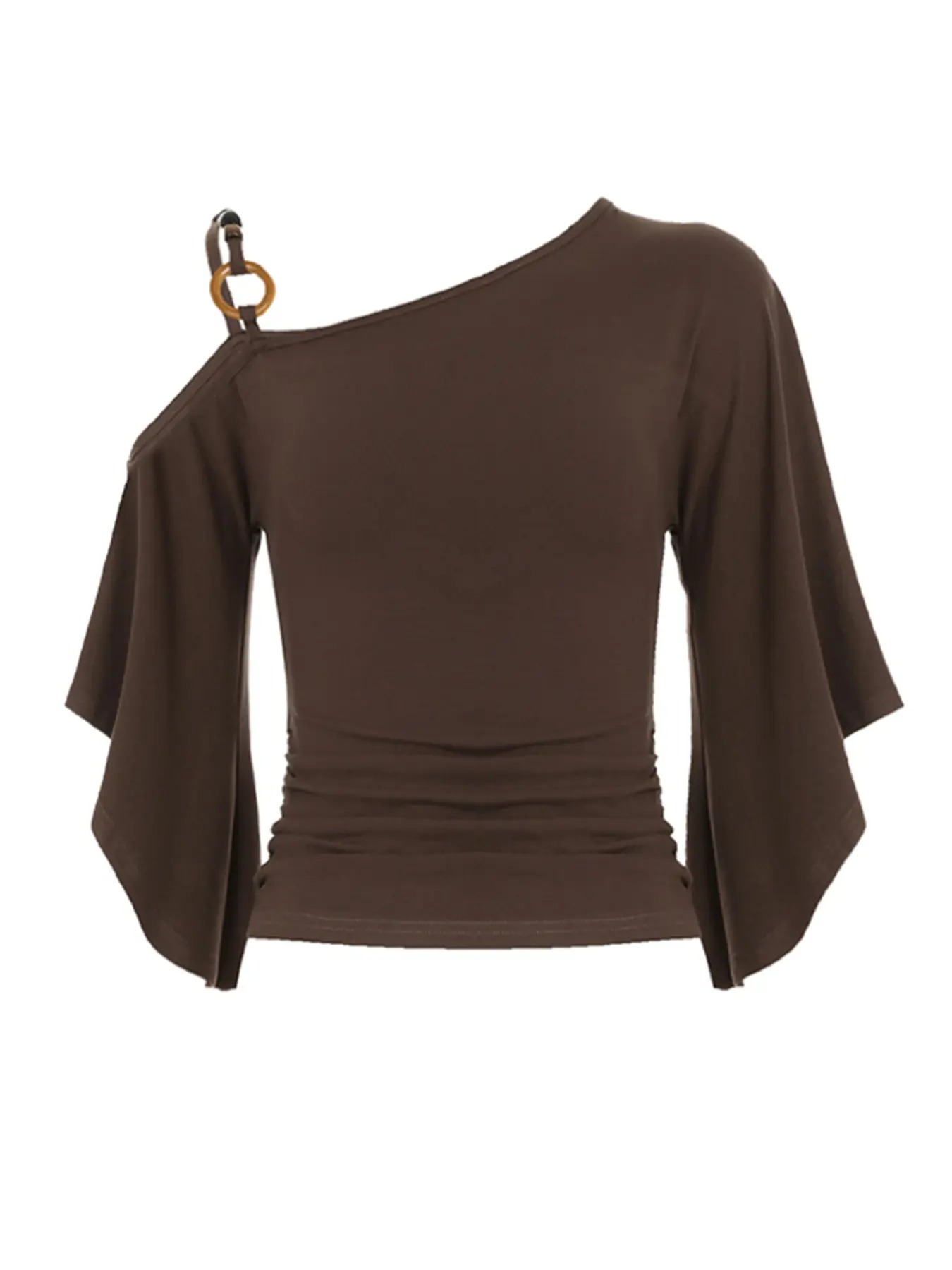 Women’s Retro Ethnic Beaded Asymmetrical Shoulder Flounce Sleeve Flared Top