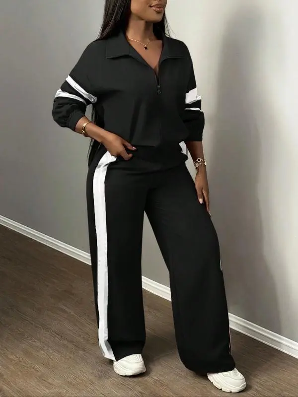 Women'S Zipper Jacket & Striped Wide-Leg Pants Set, Streetwear & Casual, Two-Piece Suit For Daily Wear