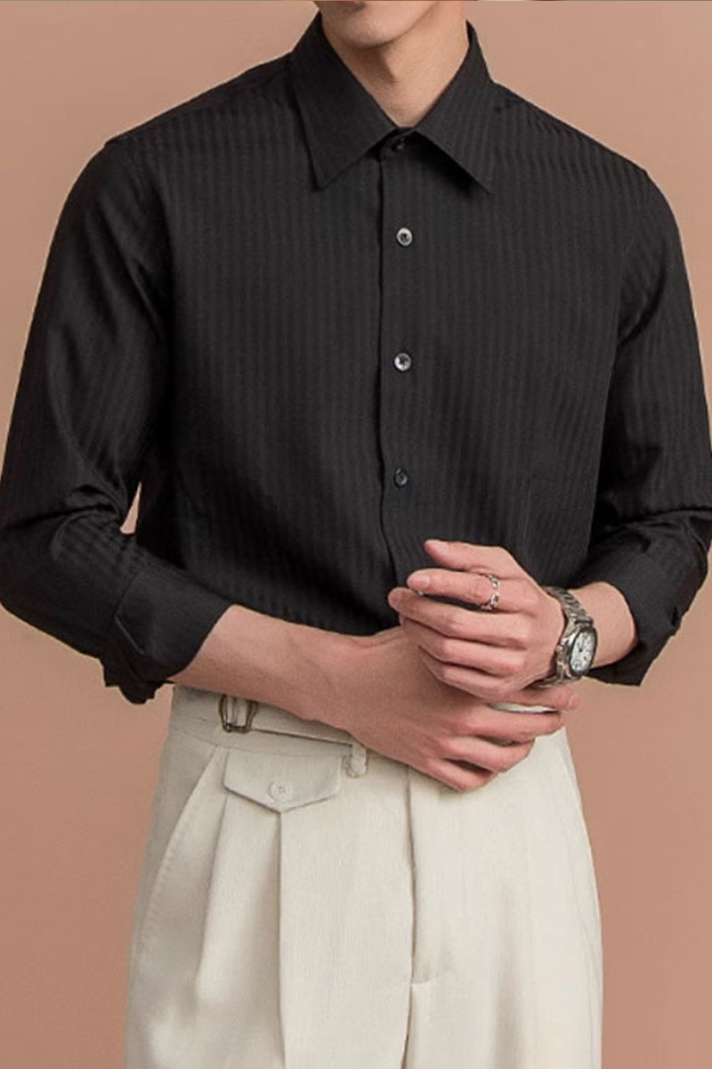 Men's Business Casual Classic Solid Color Dark Pattern Stand Collar Shirt