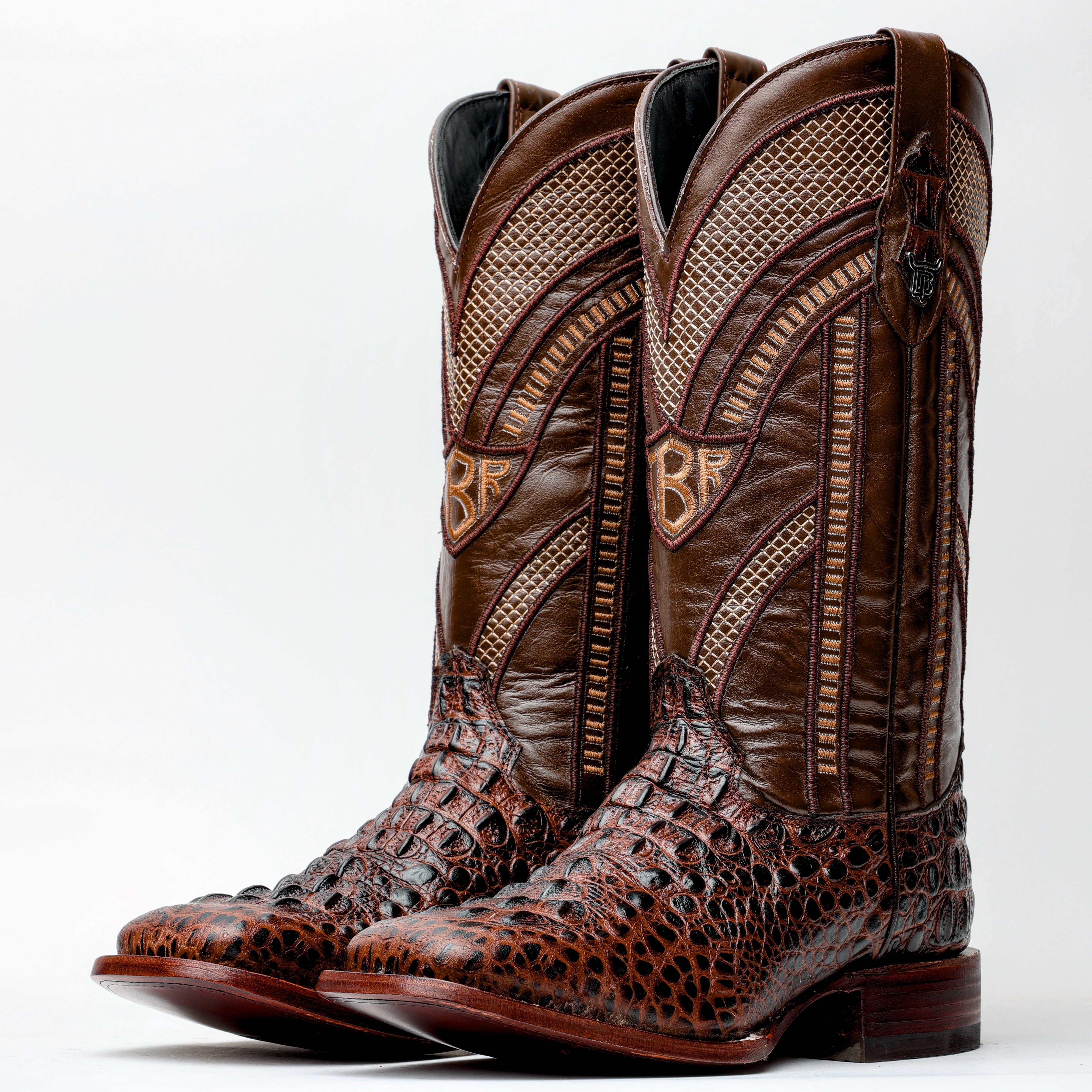 Brown Caiman Neck Leather Boots - Square Toe