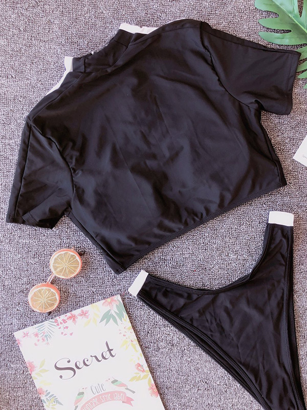 Color-Block Zipper Top Short Sleeves Bikinis Swimwear