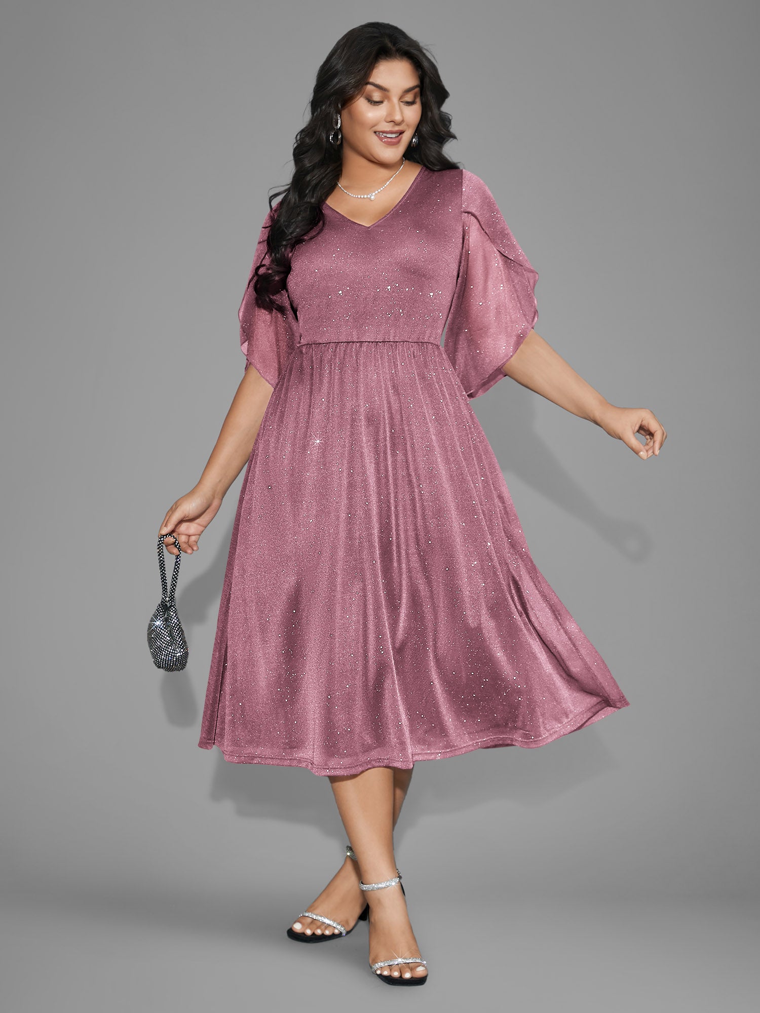 Glitter Mesh Petal Sleeve Midi Dress