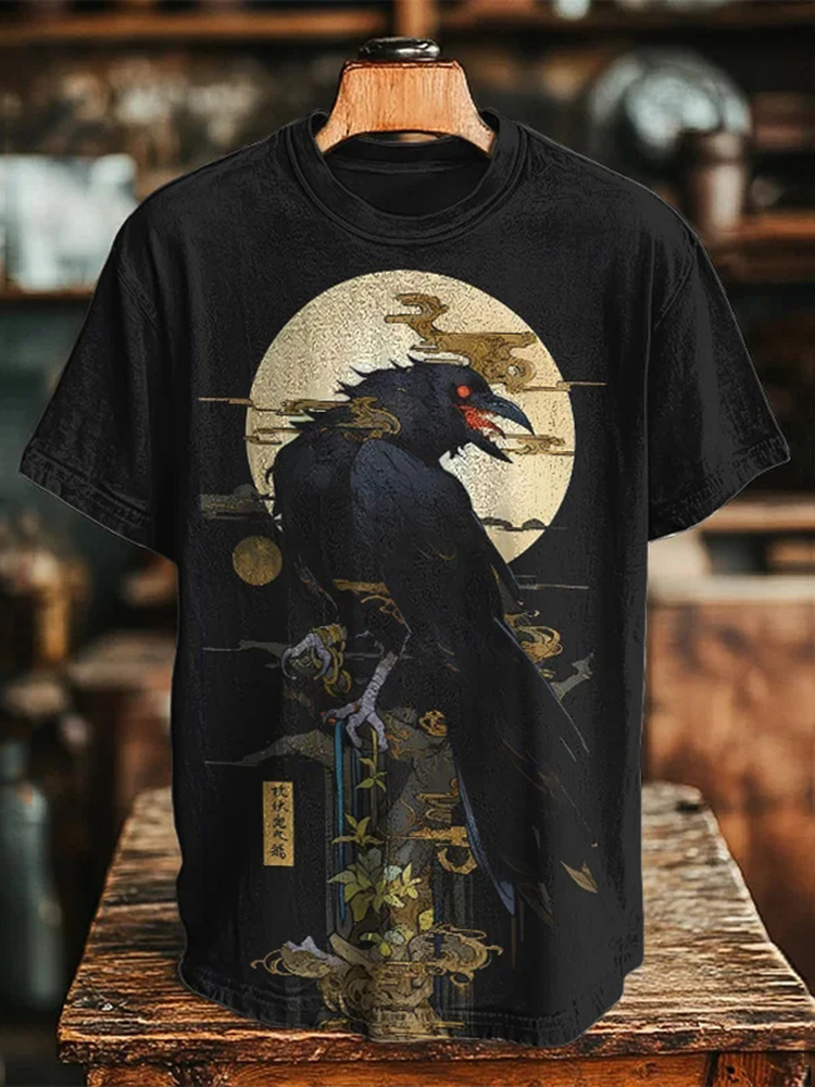 Men's Dark Crow Japanese Illustration Printed Casual T-shirt