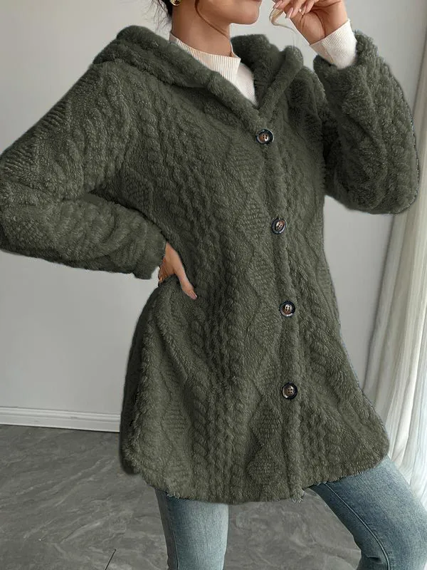 Women's Solid Color Fuzzy Hooded Jacket