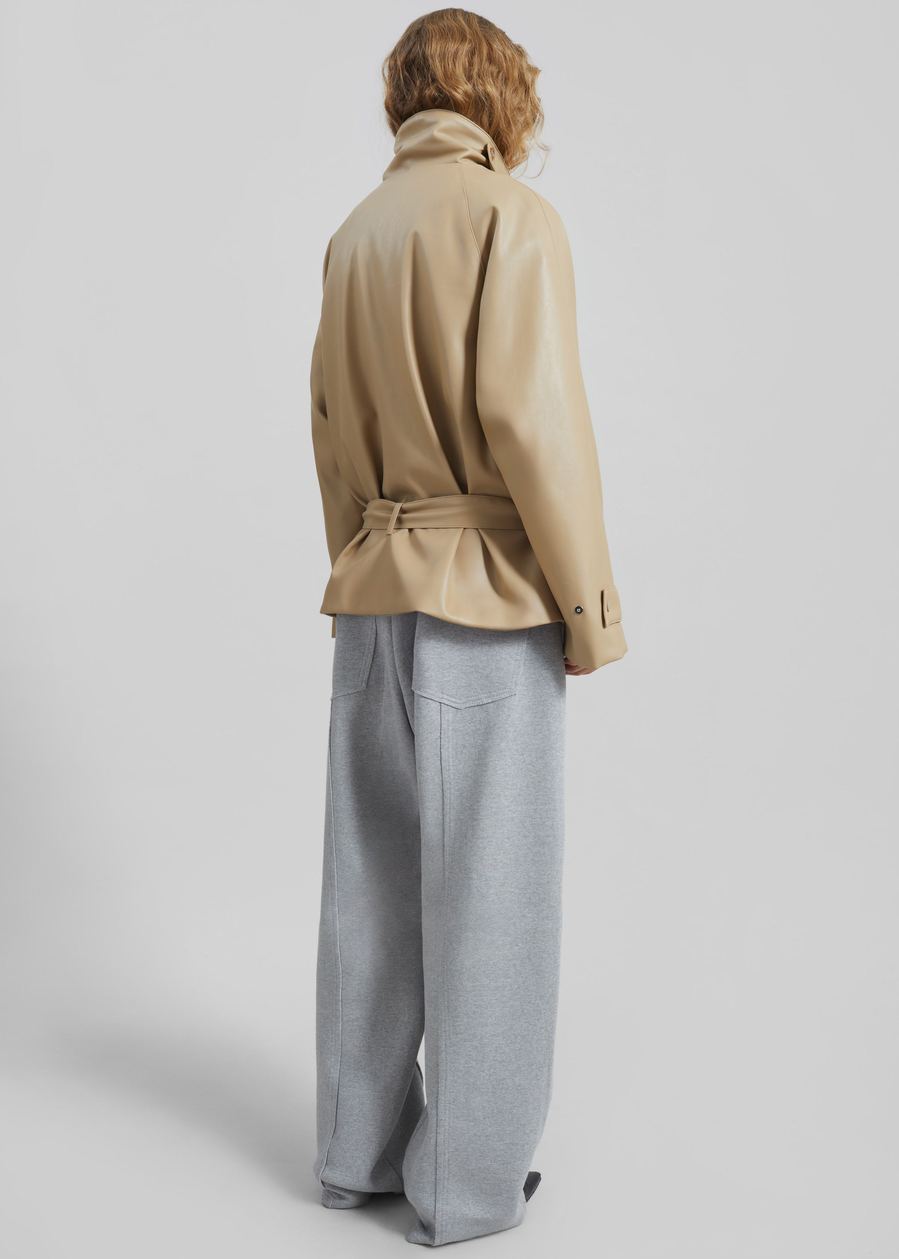 Viran Faux Leather Belted Jacket - Beige