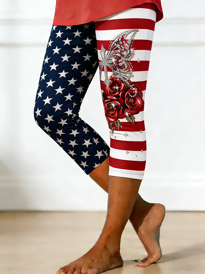 Women's Asymmetrical American Flag Butterfly Rose Rhinestone Capri Leggings