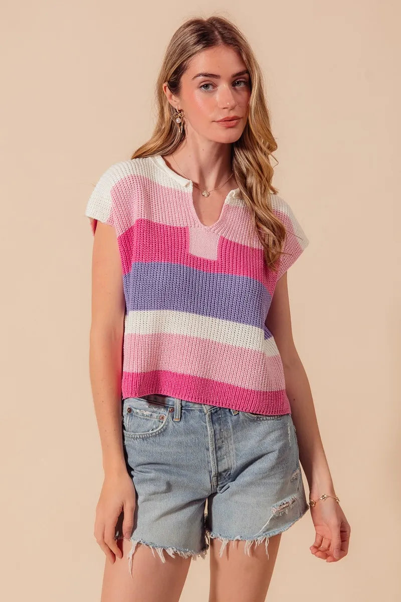 Multi Color Stripe Loose Fit Cap Sleeve Sweater Top