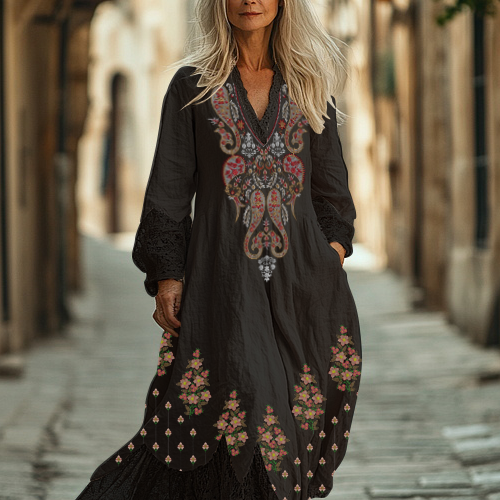 Ethnic Embroidery Vintage Casual Linen Dress 796a