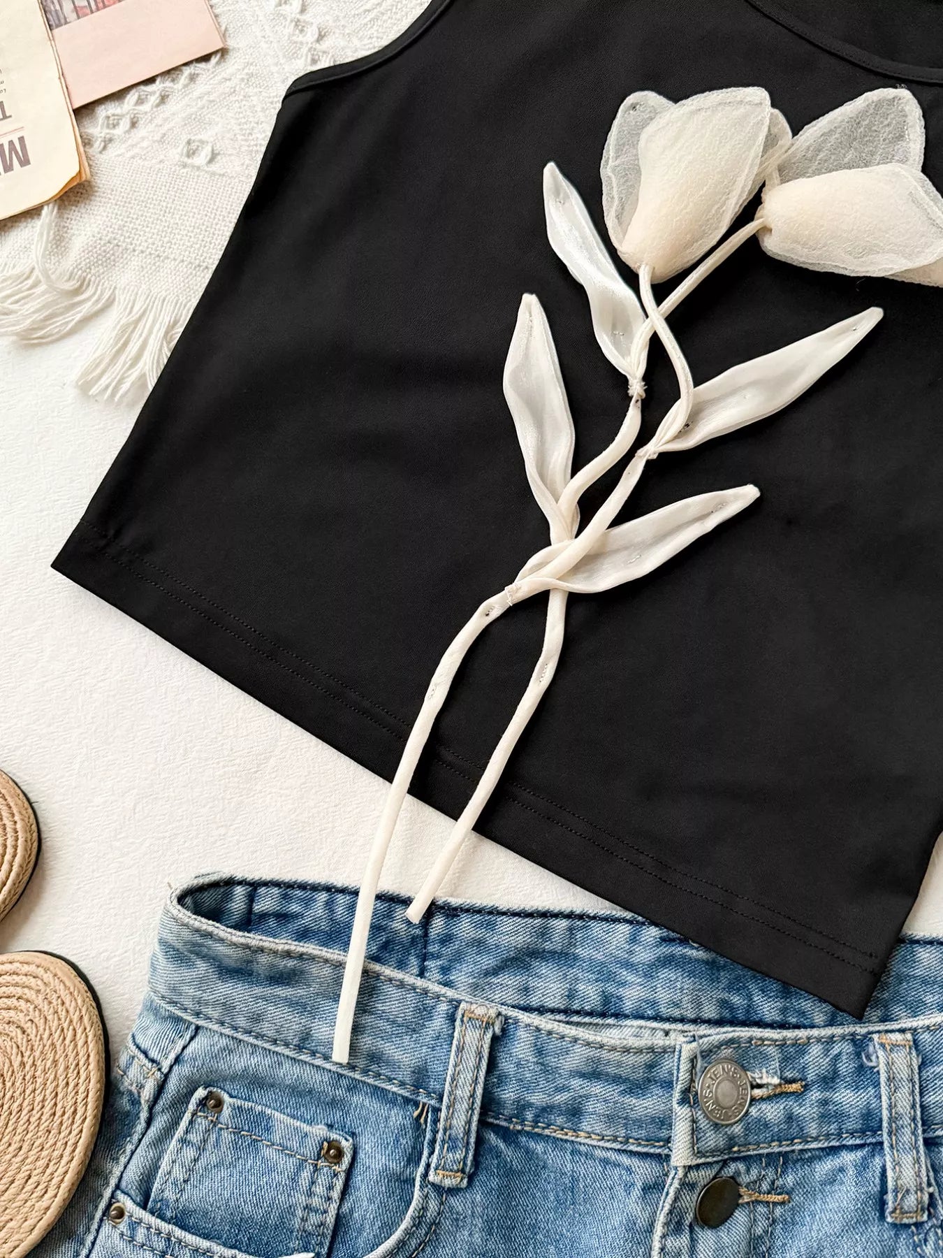 Floral Applique Round Neck Tank Top