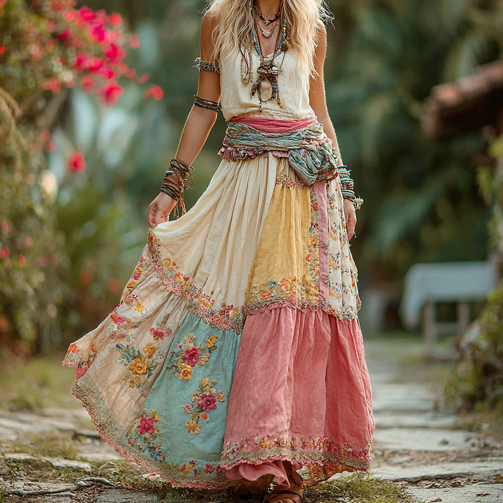 Women's Vintage Bohemian Floral Embroidery Skirt