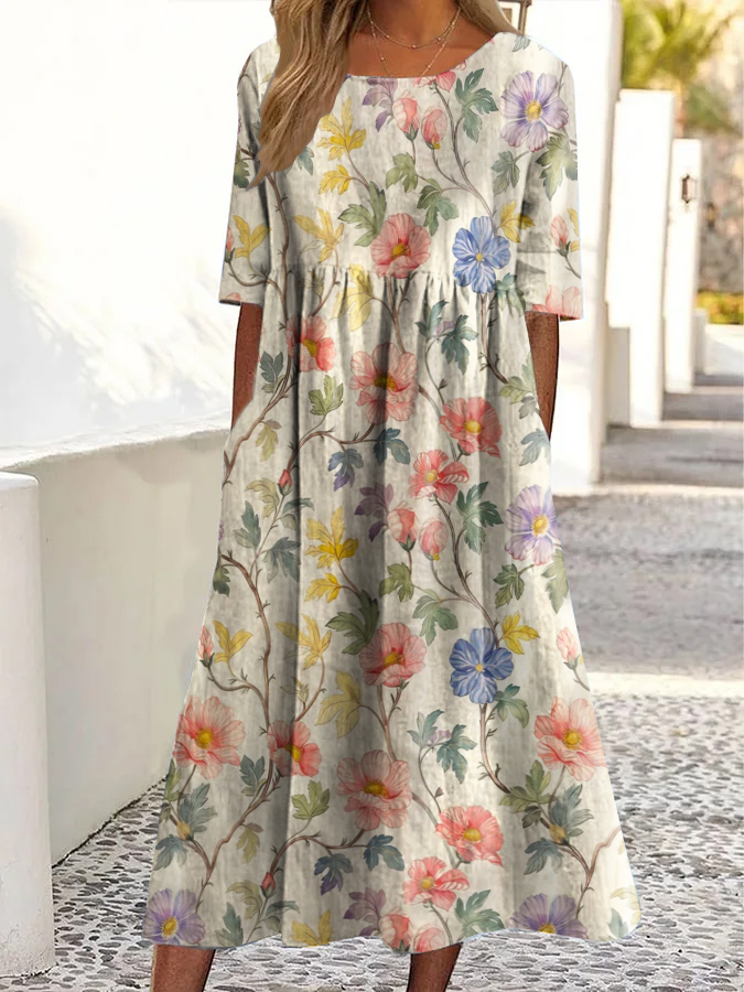 Vintage Floral Print Crewneck Pocket Midi Dress