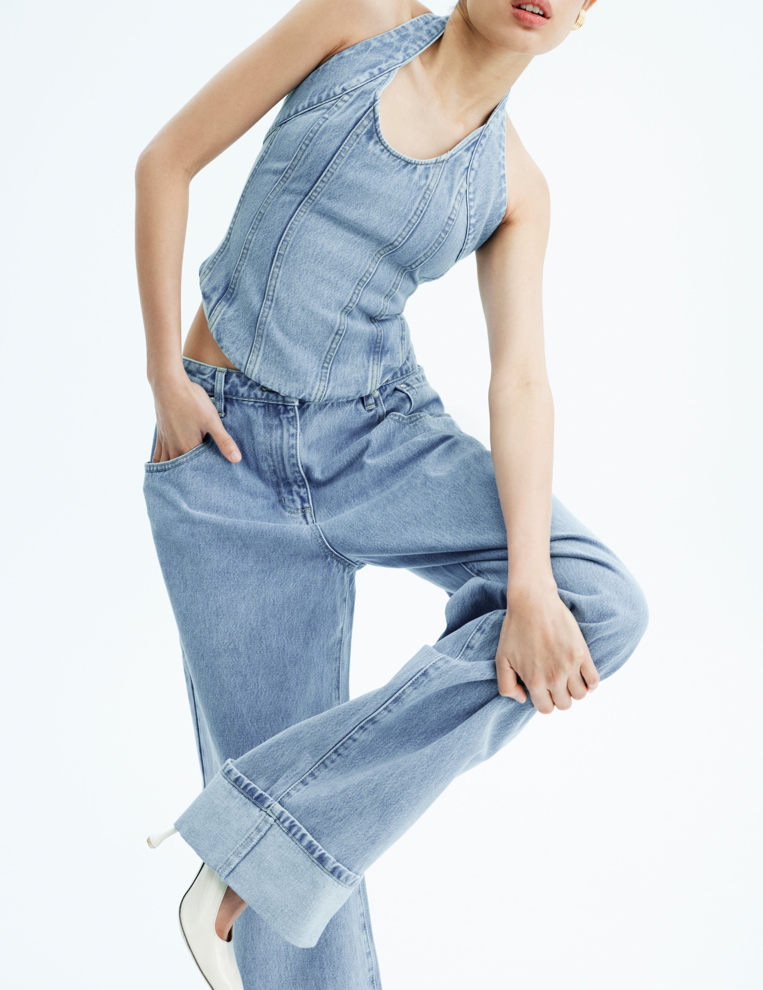 Blue Straight Leg Cuffed Jeans