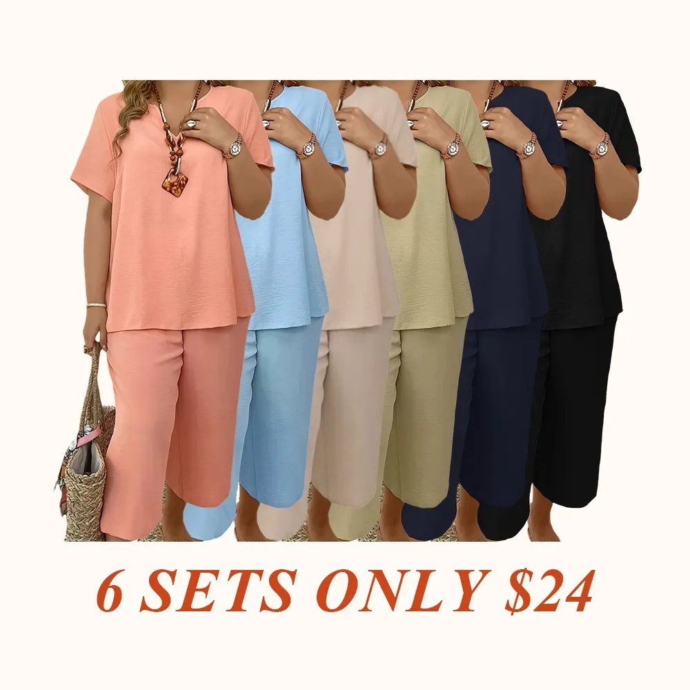 Women's Solid Color Short Sleeve Fashion Top & Casual Wide Leg Pants Set, Summer, Comfortable & Stylish