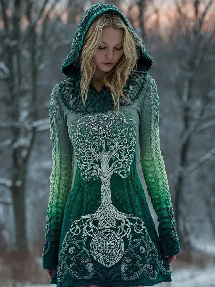 Vintage Viking Tree Of Life Gradient Knit Sweater Dress