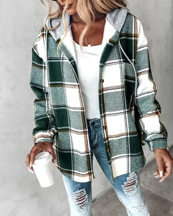 Plaid Pattern Long Sleeve Shacket Button Down Fleece Lined Hooded Jackets Warm Coat