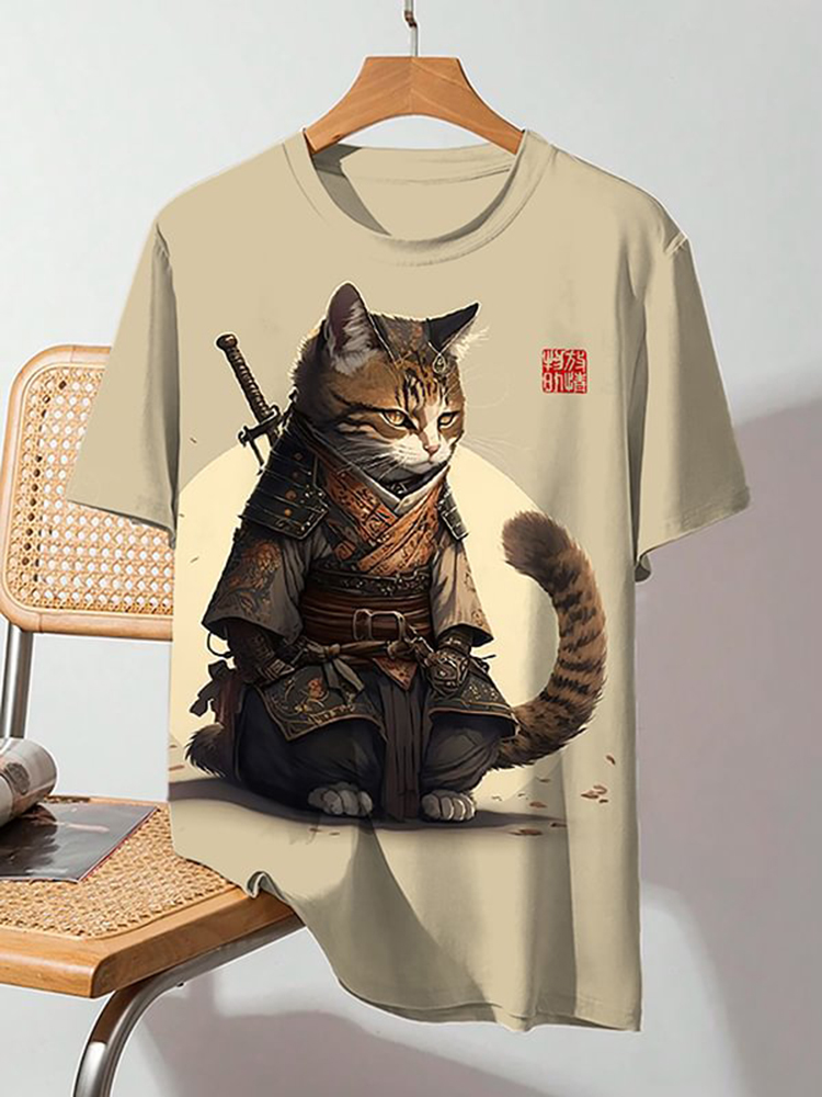 Men's Japanese Style Samurai Cat Art Print Short Sleeve T-Shirt