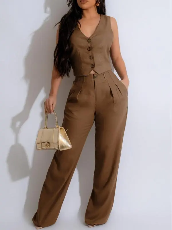 Women's Button Front V Neck Crop Tank Top & High Waist Pants Set