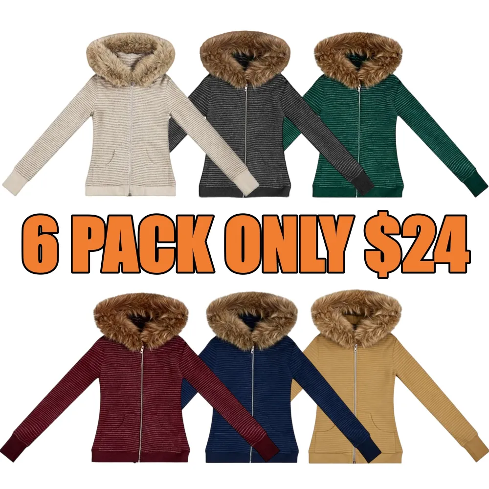 Women’s Striped Fur Collar Zip Hoodie