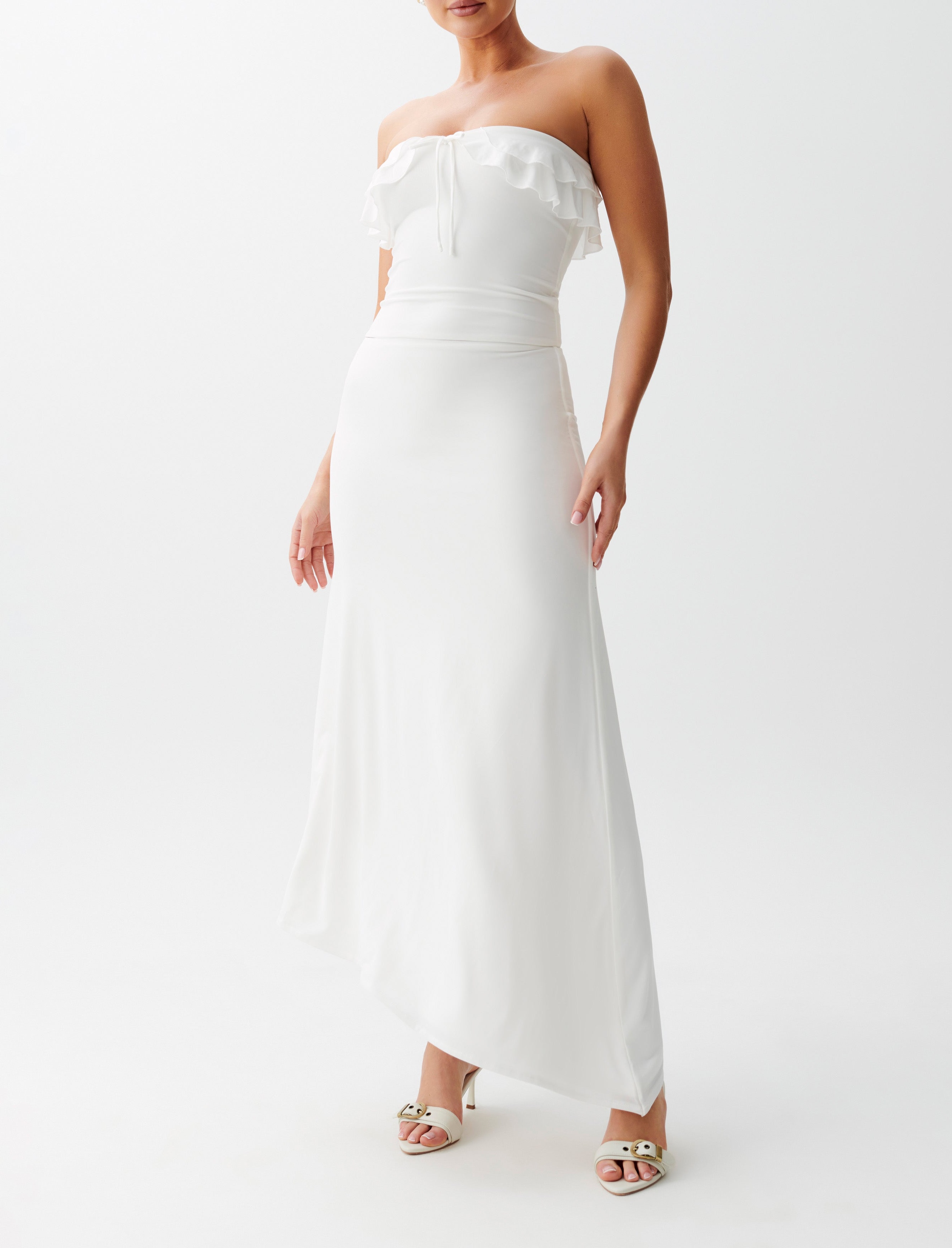 White Strapless Slinky Ruffle Top