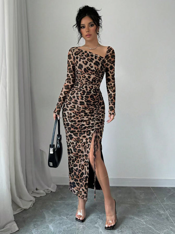 New Women's Round Neck Long Sleeve Leopard Print High Waist Hottie Dress