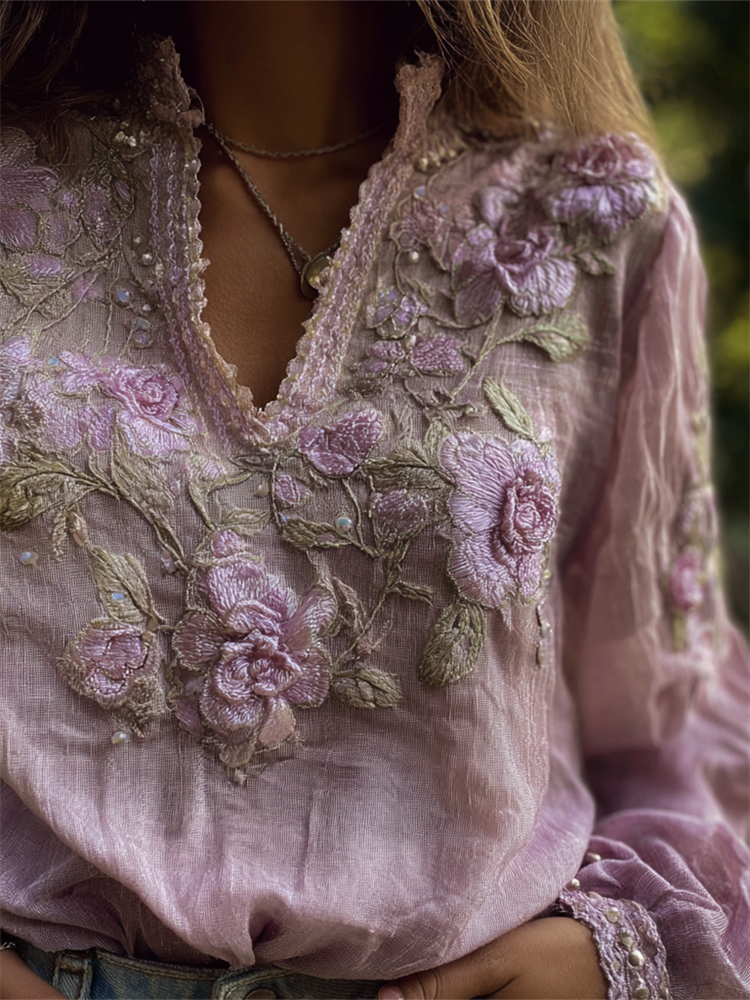 Vintage Lavender Flowers Vines Embroidered Linen Tunic