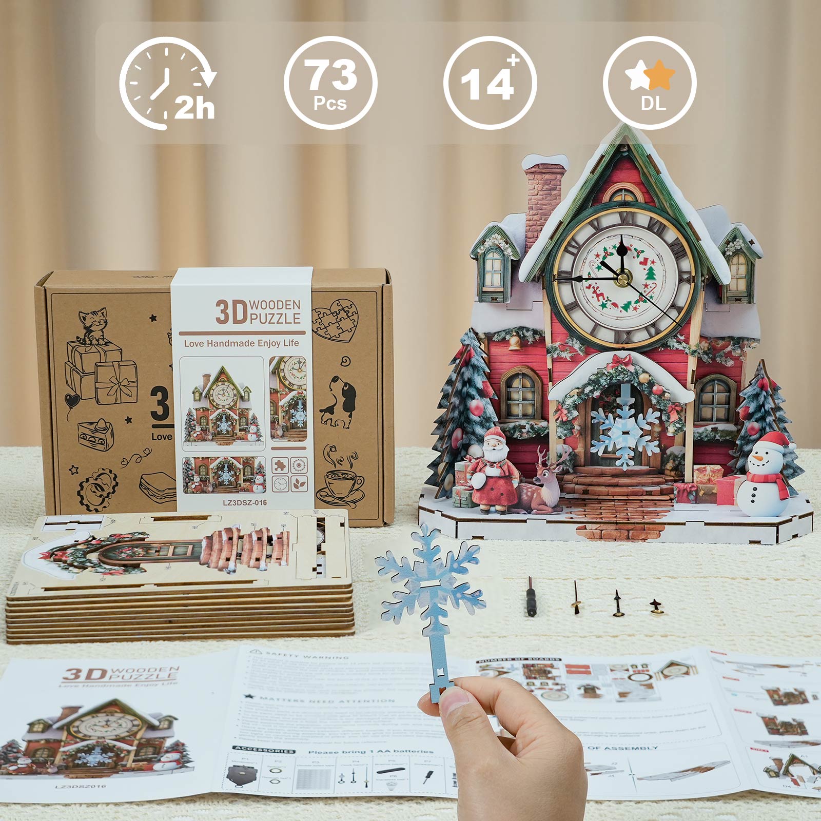 Christmas Houseâ€“ DIY Wooden Clock, 3D Puzzle Craft Kit