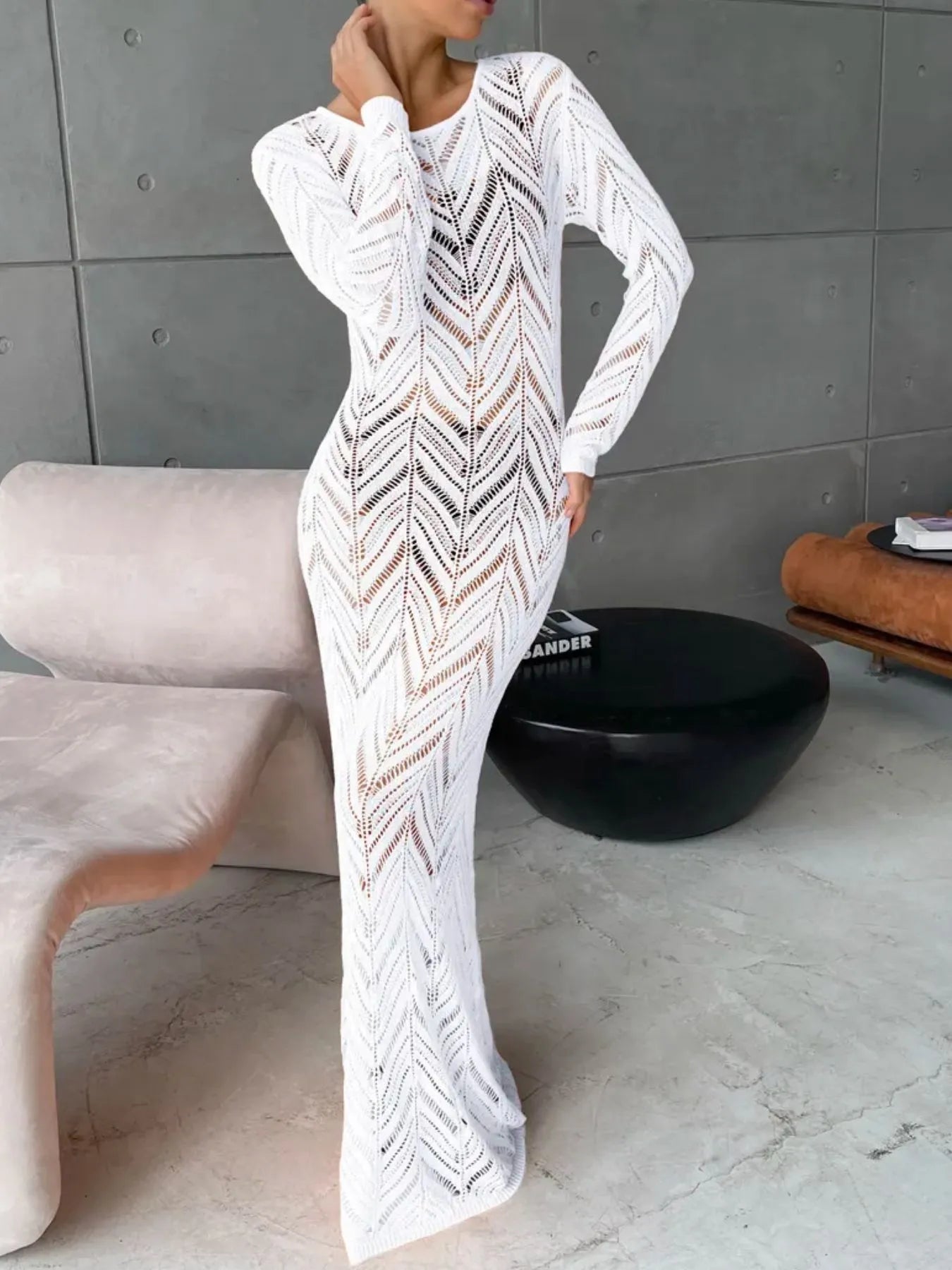 Openwork Long Sleeve Knit Cover Up Dress