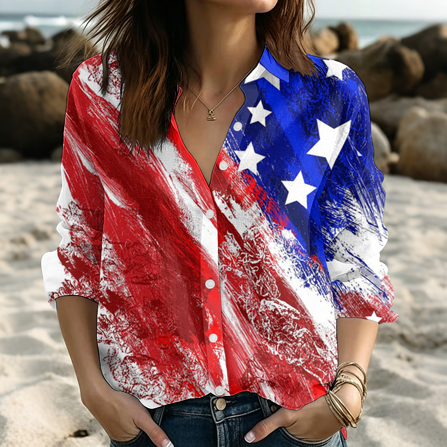 Women's American Flag Flower Independence Day Printed Casual Shirt