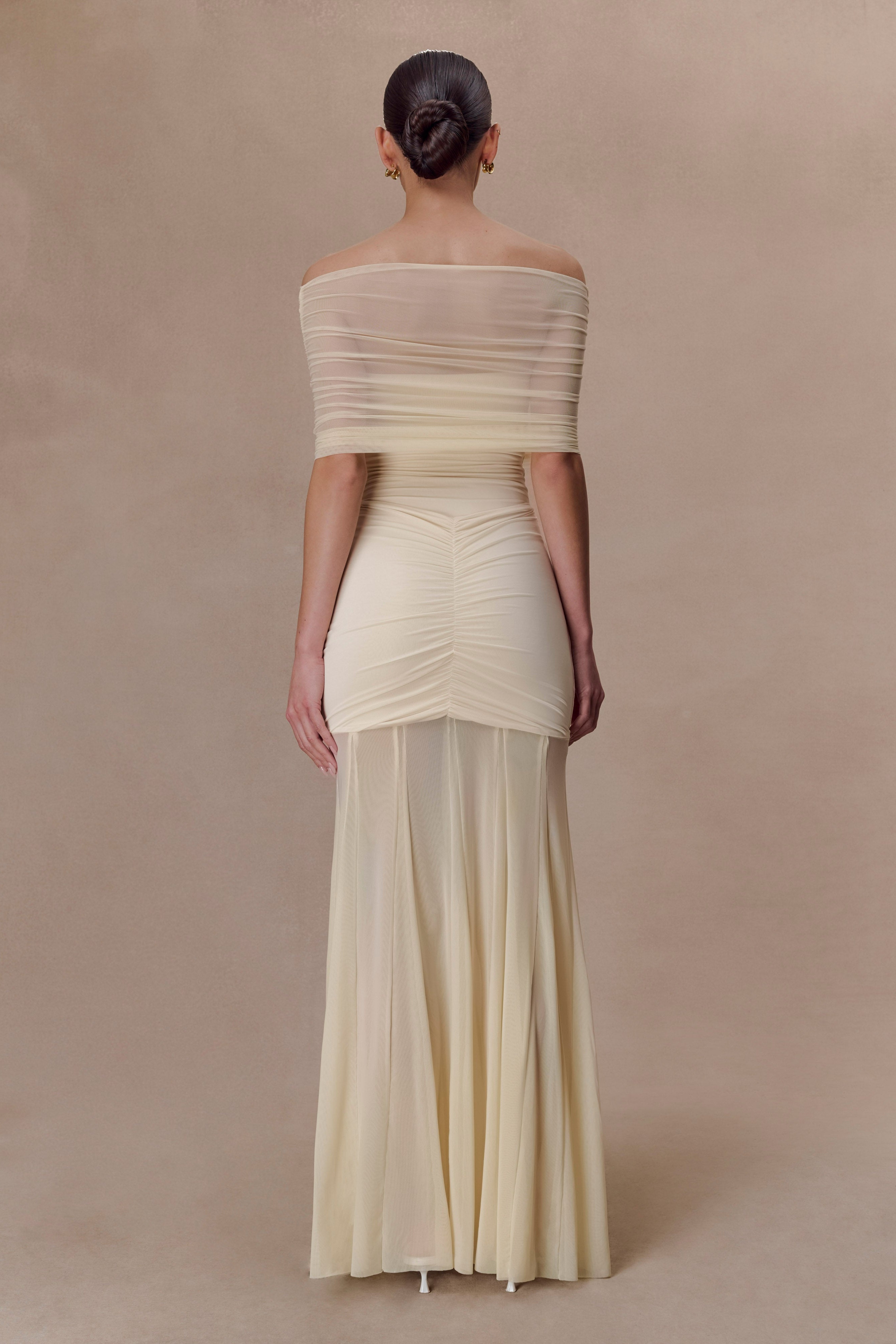 Ivory Slinky And Mesh Off Shoulder Maxi Dress