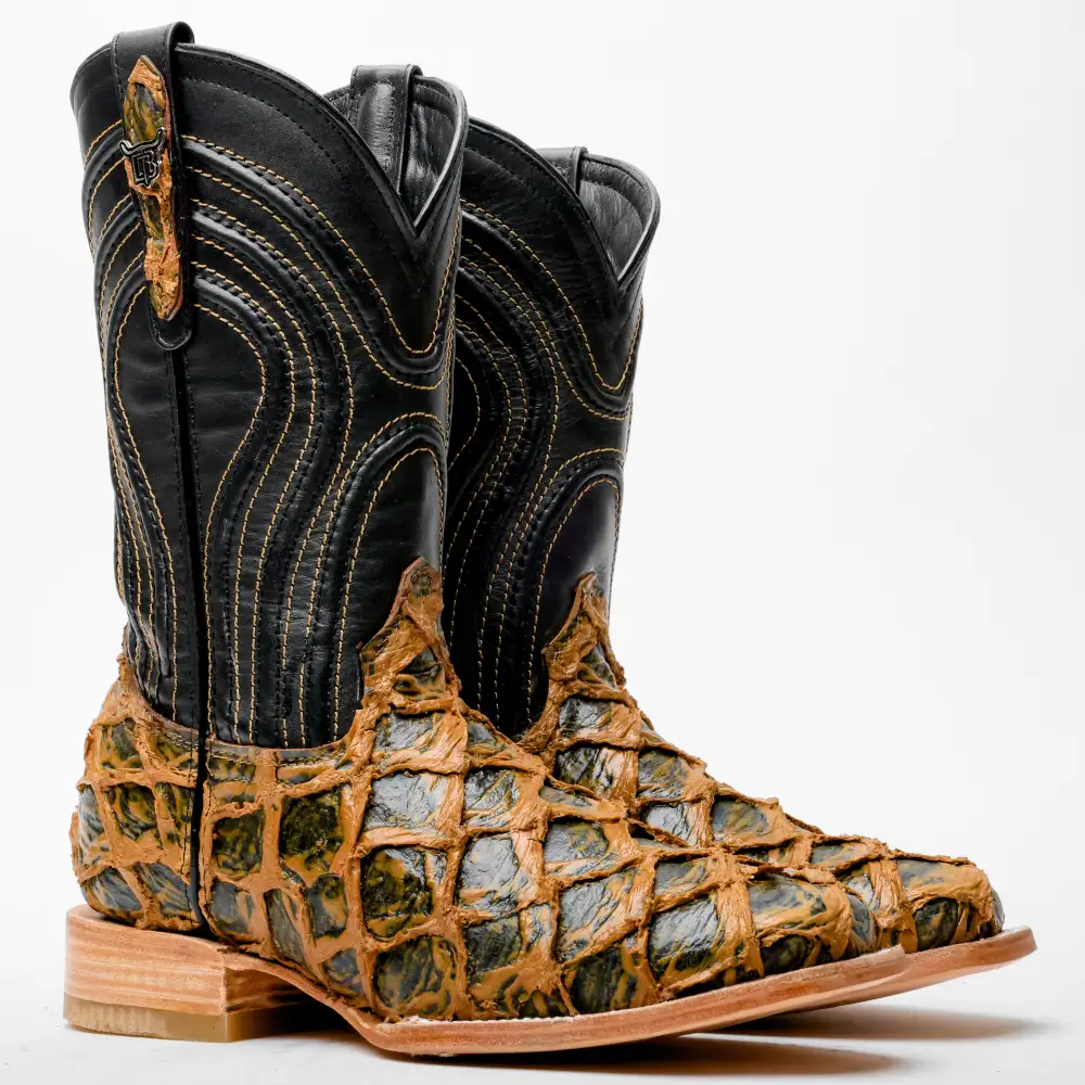 Brown Rustic Jumbo Pirarucu Leather Boots - Square Toe