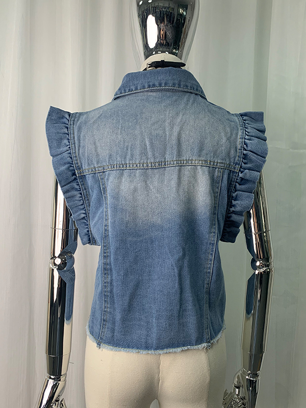 Buttoned Fringed Pockets Split-Joint Loose Ruffle Sleeves Lapel Vest Outerwear