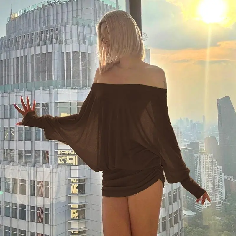 Women's Solid Off The Shoulder Sheer Ruched Dress