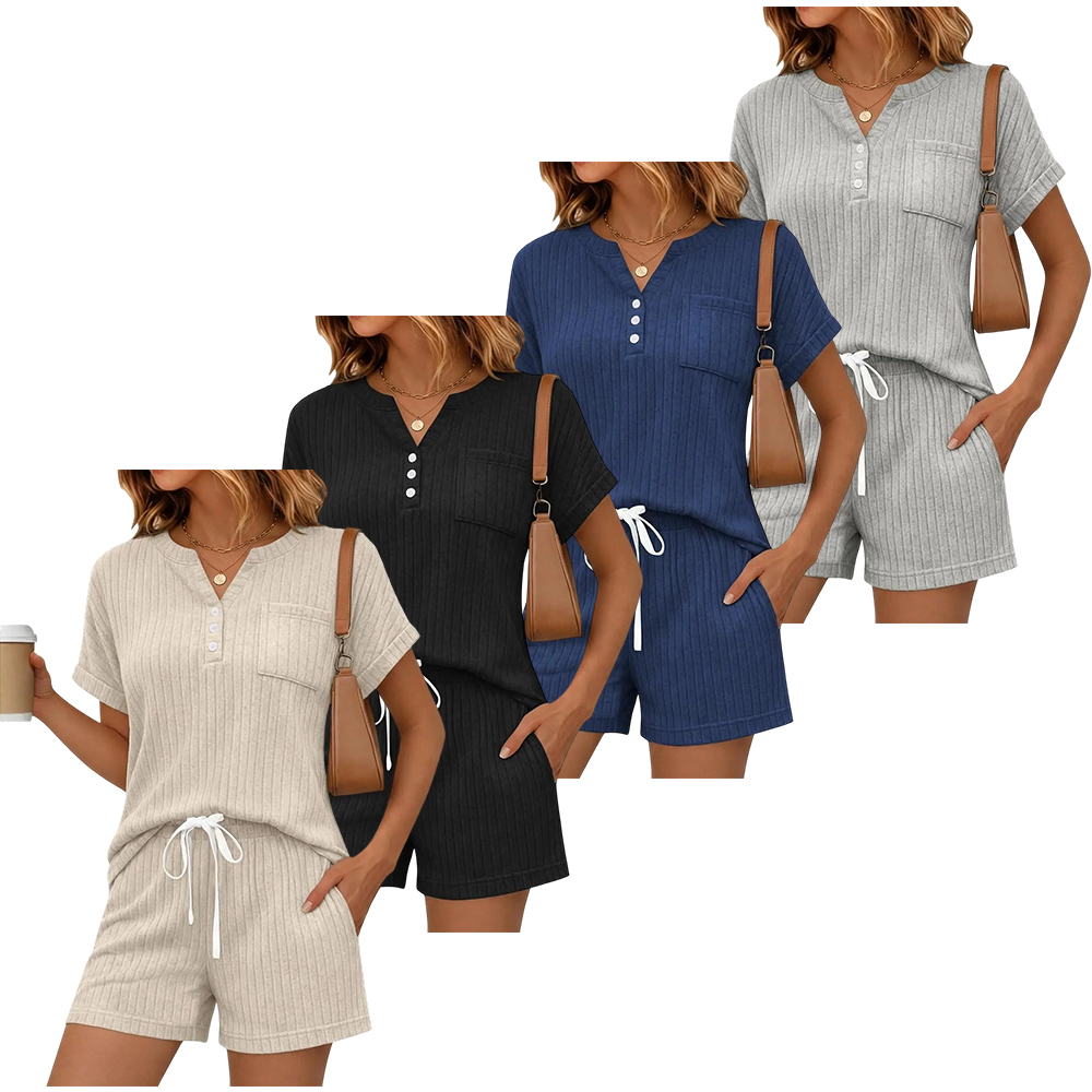 2 Piece Short Sets for Women Summer 2026 Lounge Short Sleeve Henley Outfits Sweatsuit with Pocket