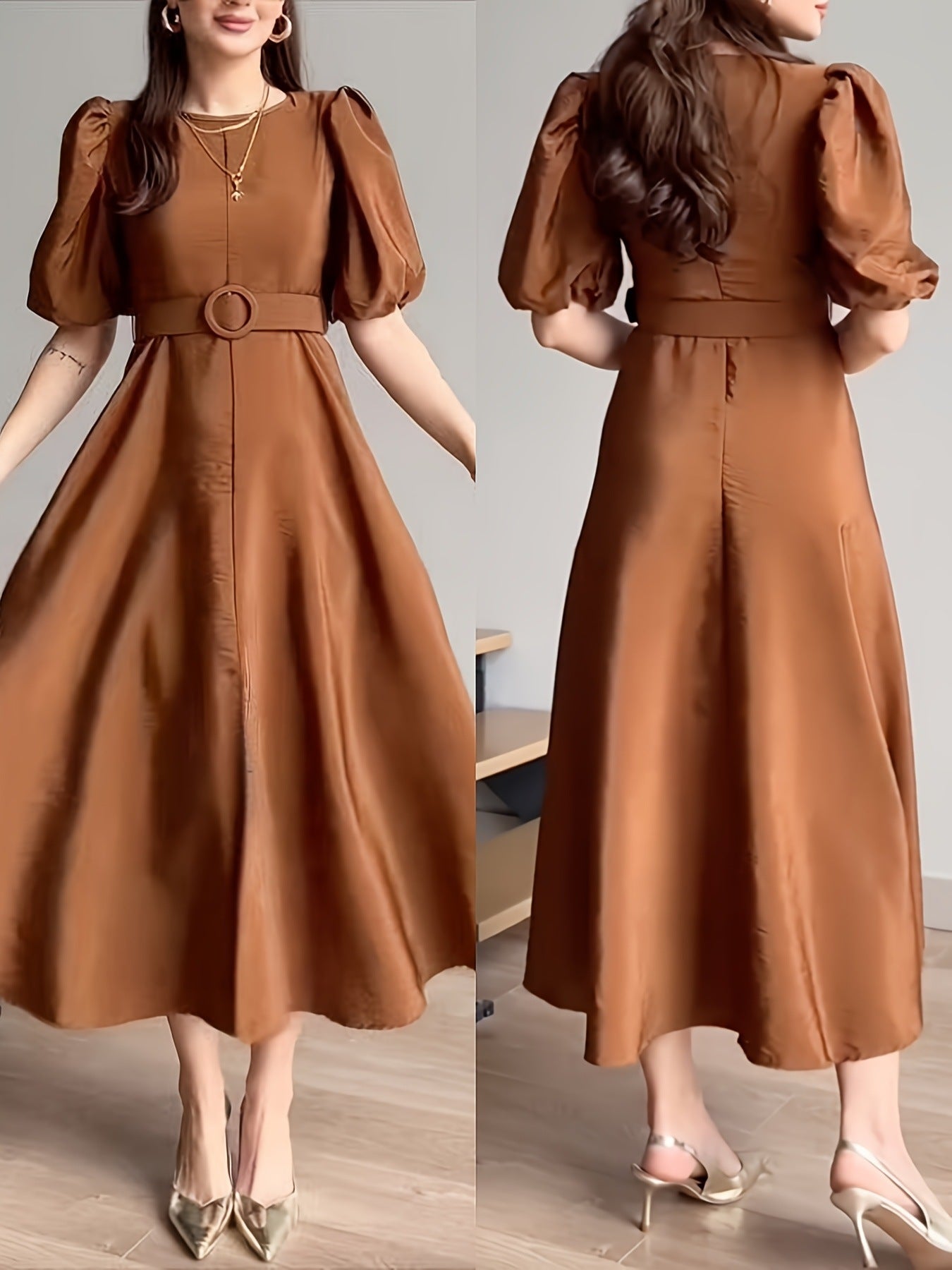 Belted Puff Sleeve Midi Dress