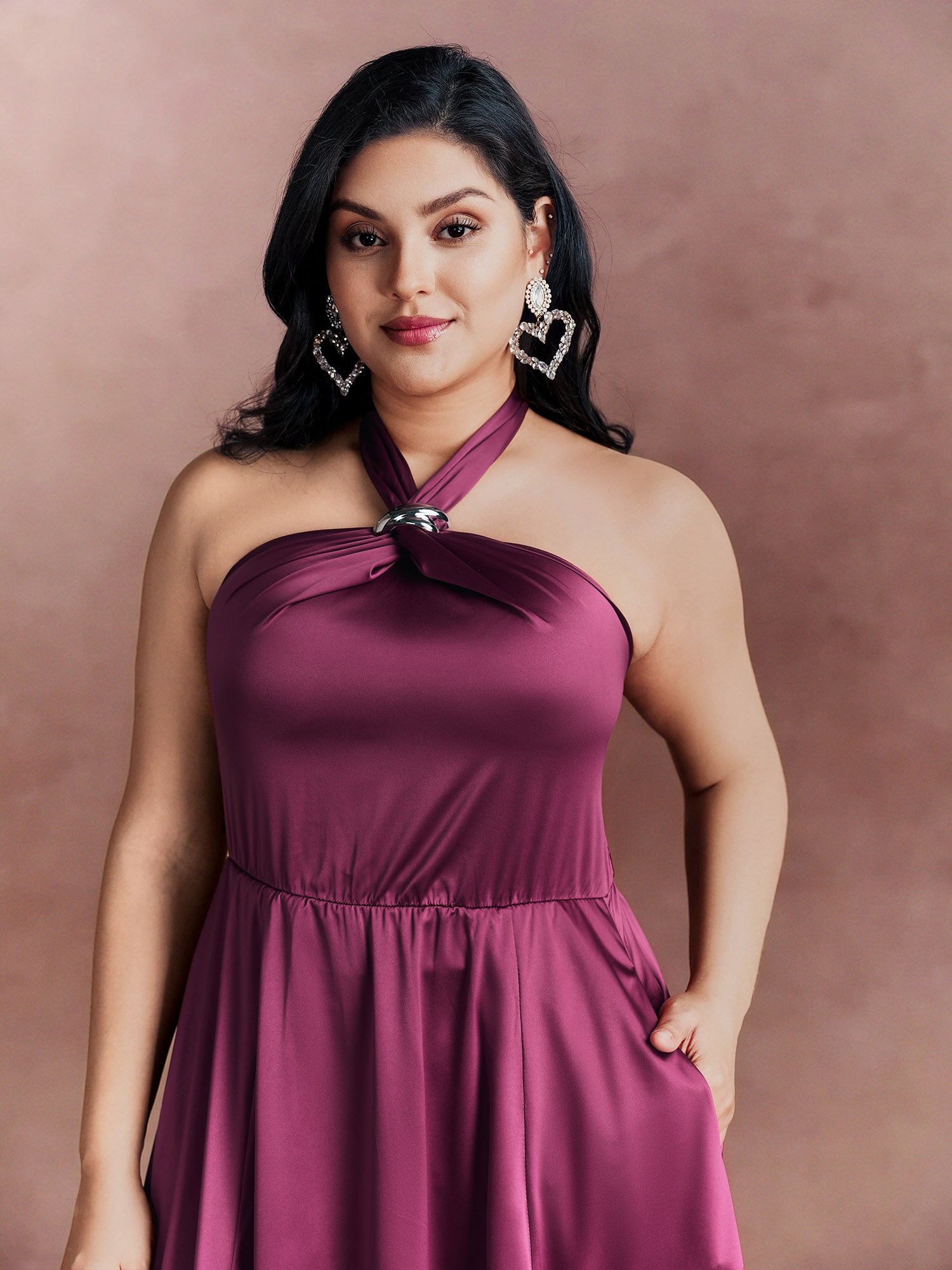 Halter Neck Metallic Detail Satin Maxi Dress