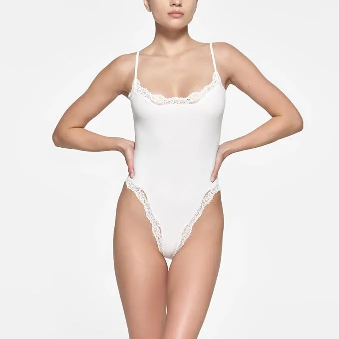 Women's Spaghetti Strap Lace Trim Breathable Bodysuit