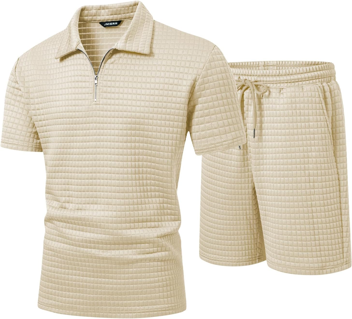 Men's 2 Piece Waffle Knit Outfit Half Zip Polo Shirt and Shorts Textured Summer Set