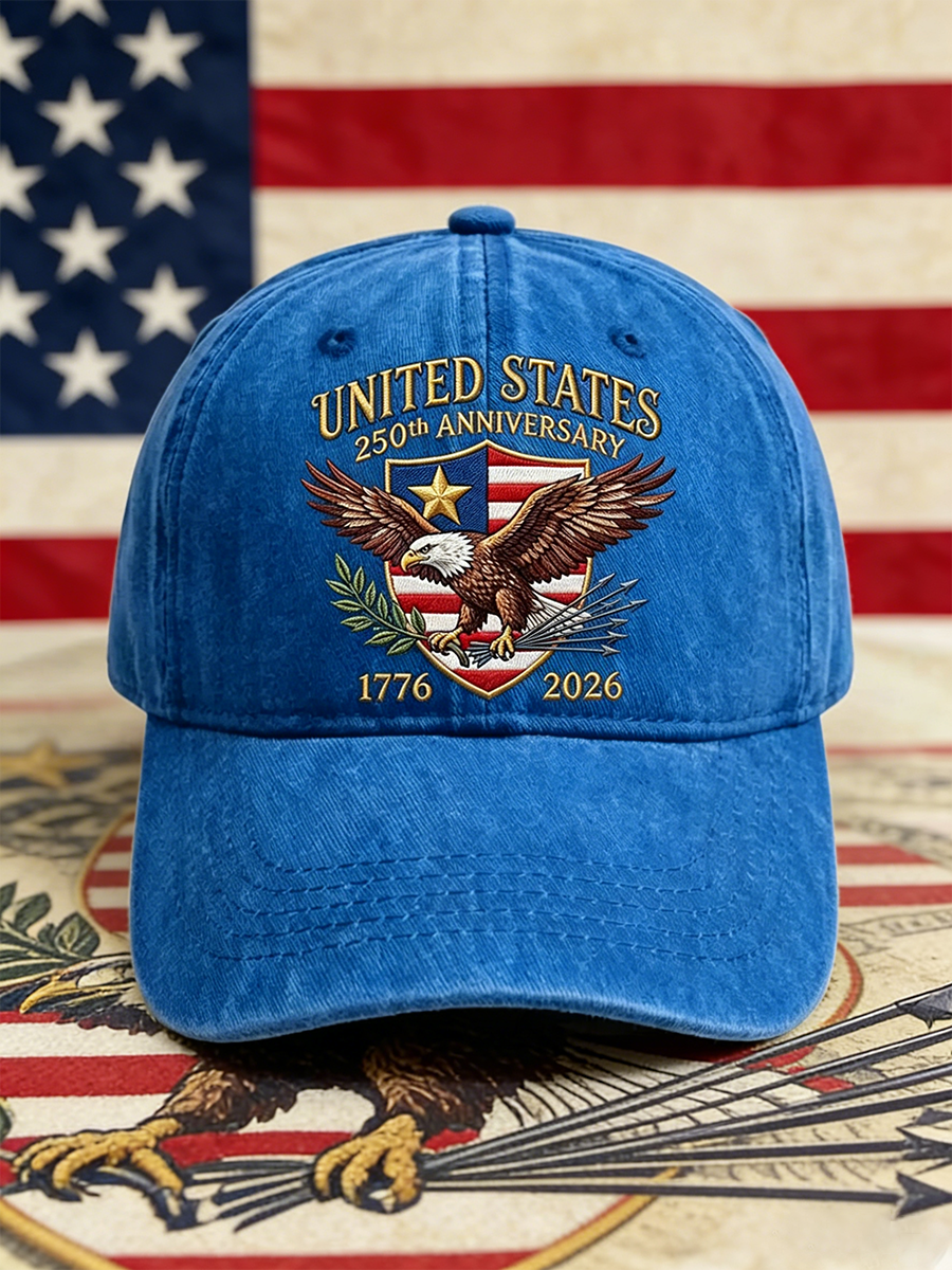 US 250th Anniversary Bald Eagle Emblem Washed Denim Baseball Cap