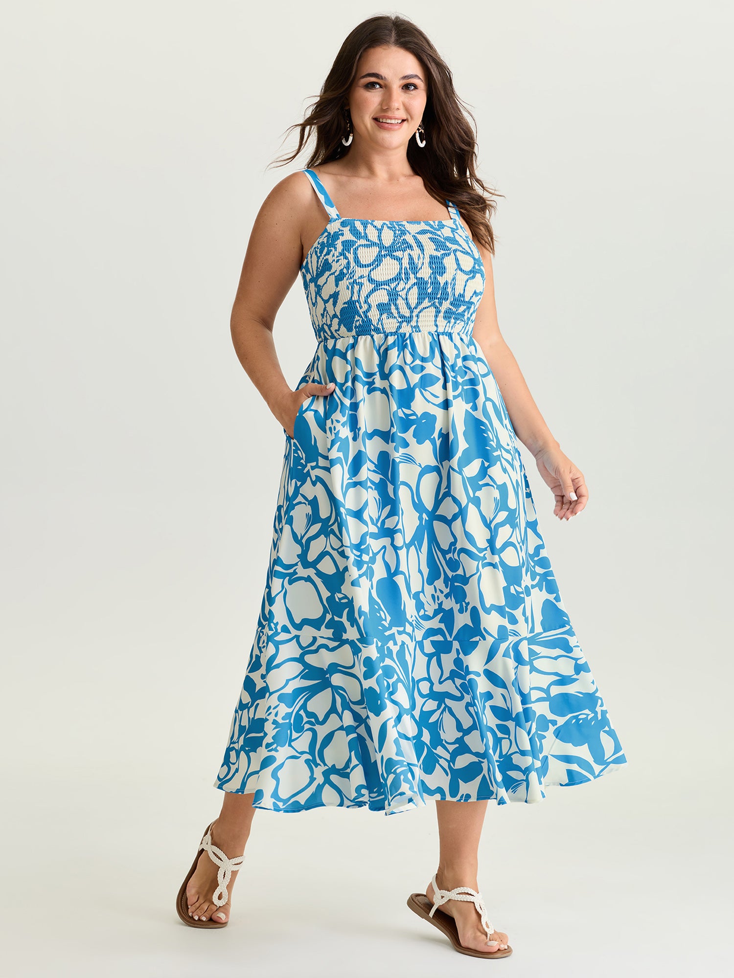 Silhouette Flower Print Shirred Cami Midi Dress