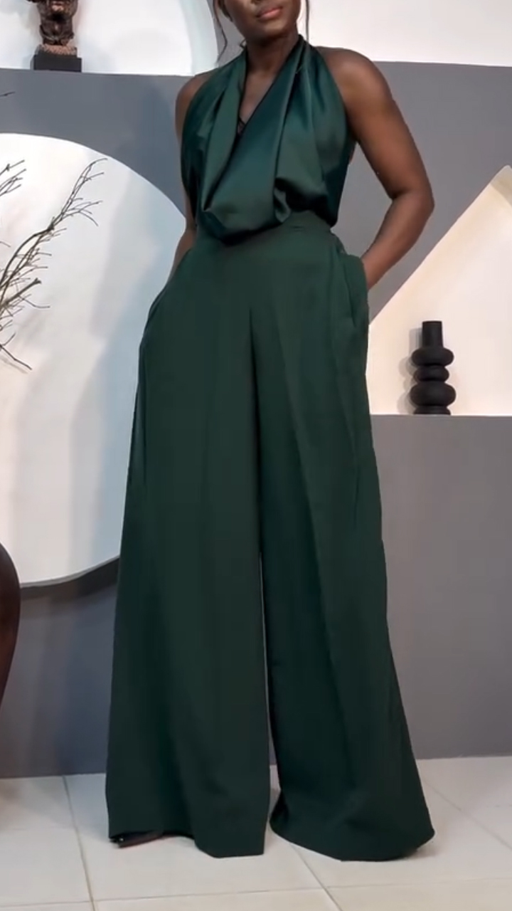 Women Halterneck Top + Pants Solid Color Temperament Casual Suit