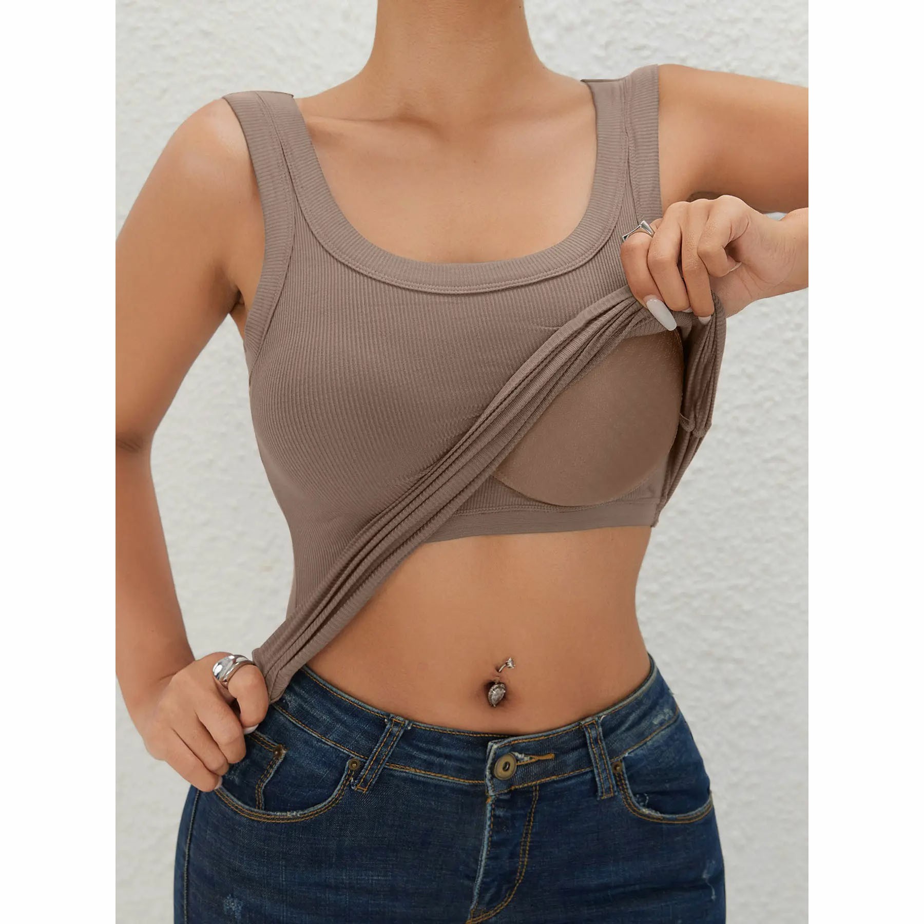 Women's Ribbed Built-In Bra Racerback Workout Tank Top