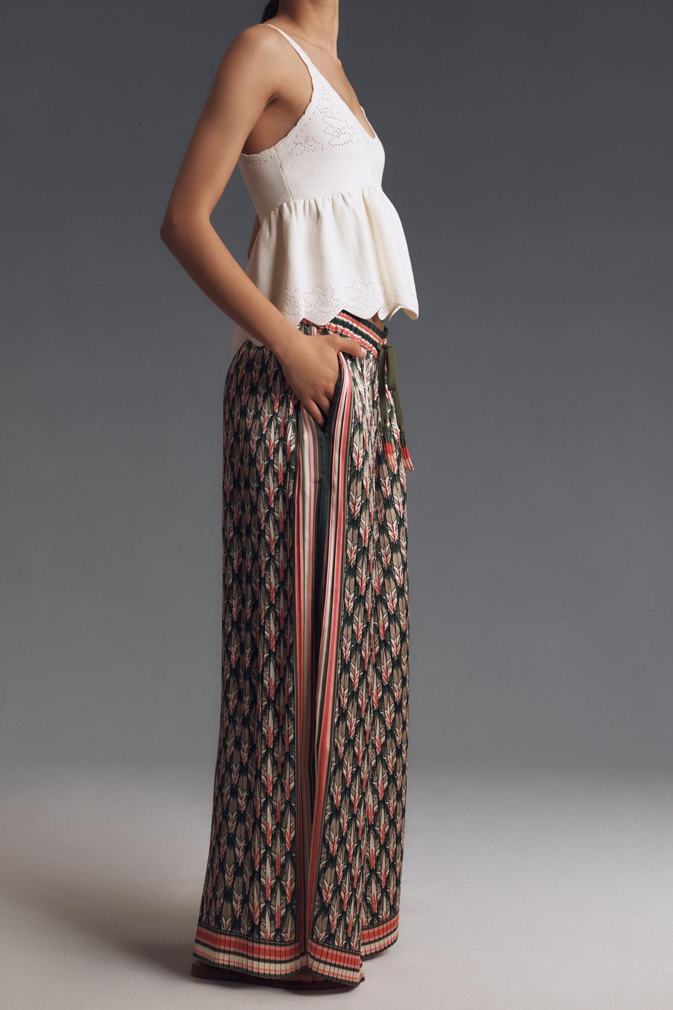Tropical Pleated Wide-Leg Pants