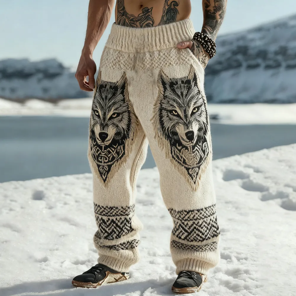Men's Viking Wolf Celtic Knot Art Wide Leg Warm Knit Pants