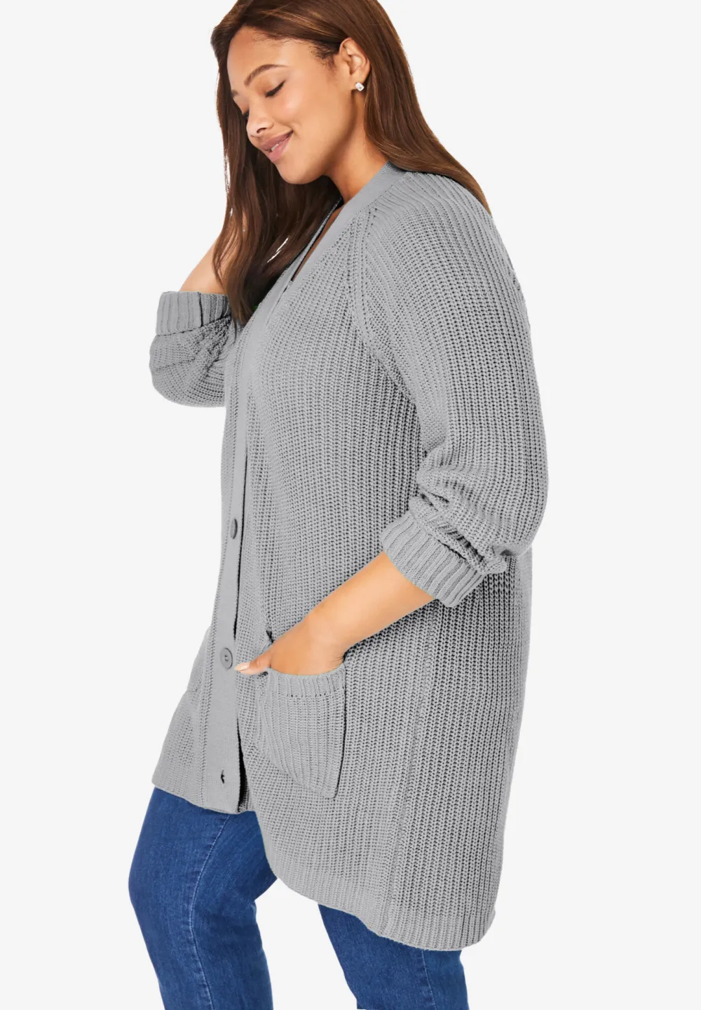 Button-Front Shaker Cardigan