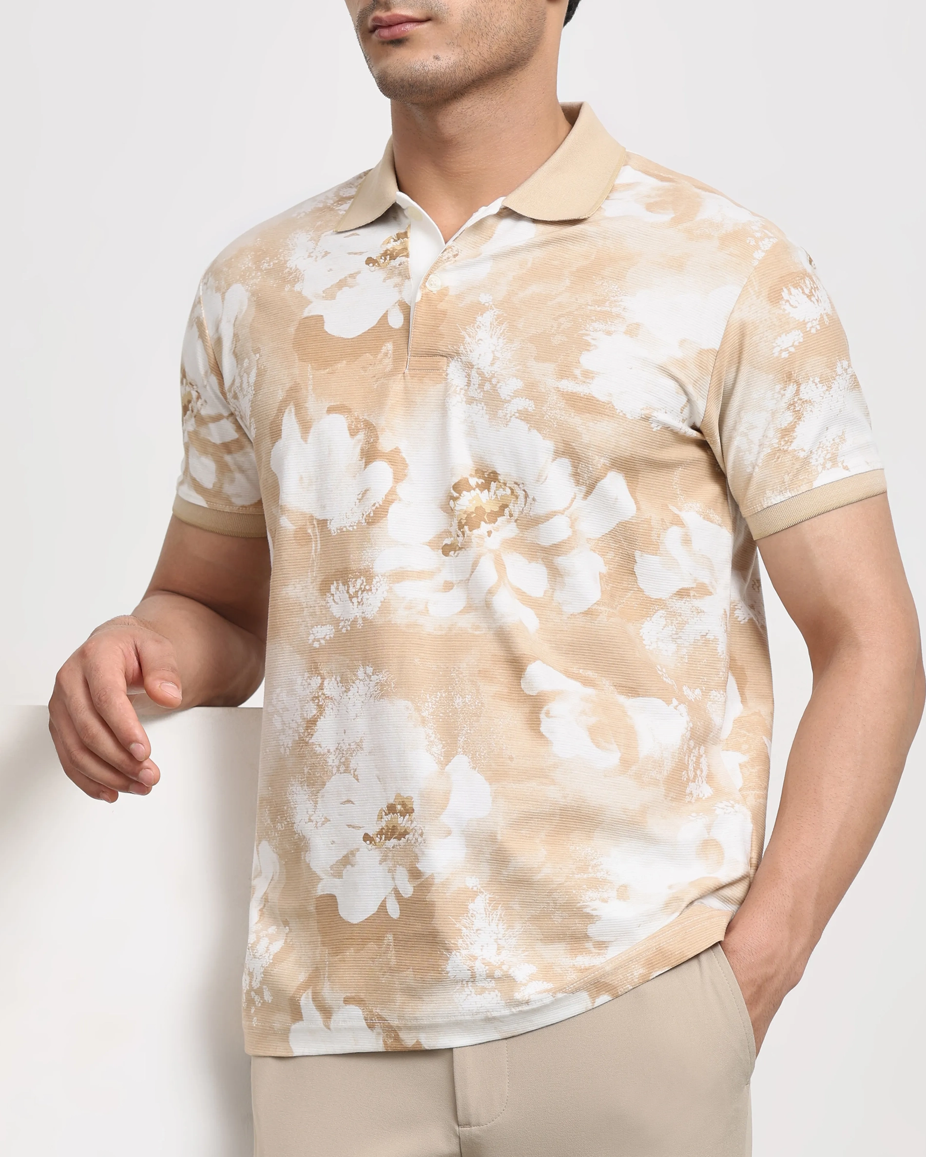Casual Minimalist British Style Beige Floral Polo Shirt