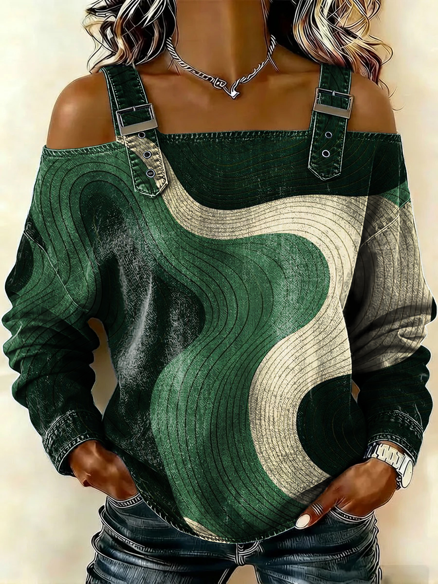 Women‘s Artistic Geometric Stripes Print Casual Cotton Denim Shirt